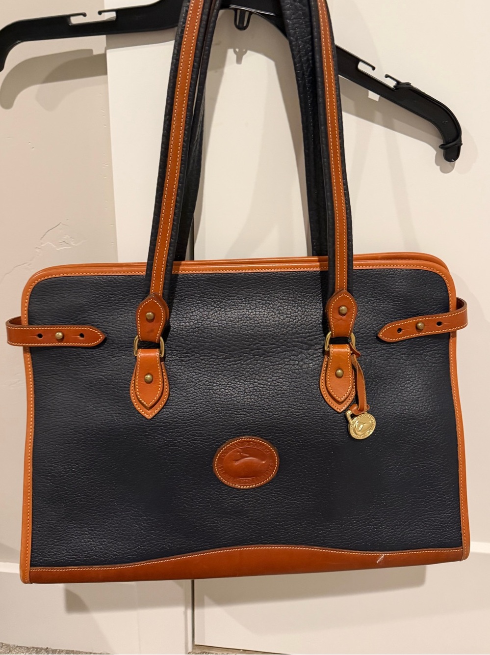 Dooney & Bourke Navy and Tan Pebbled Leather Tote